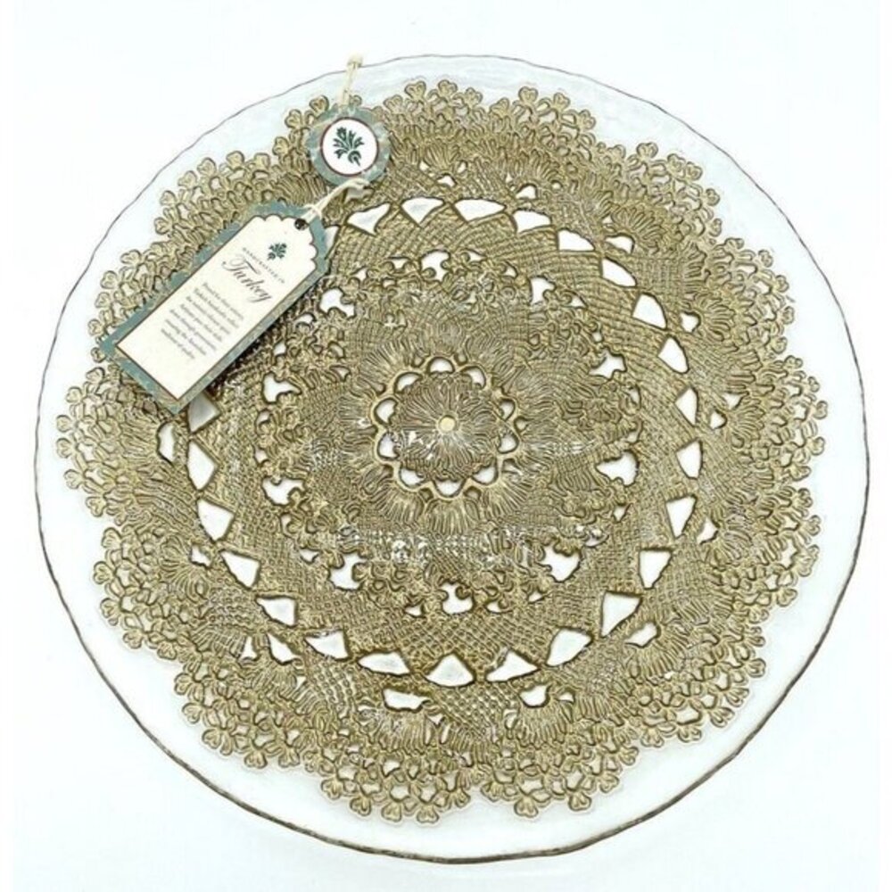 Turkish Glass Entrée Plates Hand Painted Gold Lace Set of 2 Clear Glass NWT